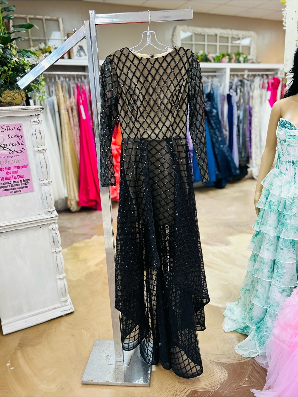 Black Beaded Long-Sleeve Evening Gown